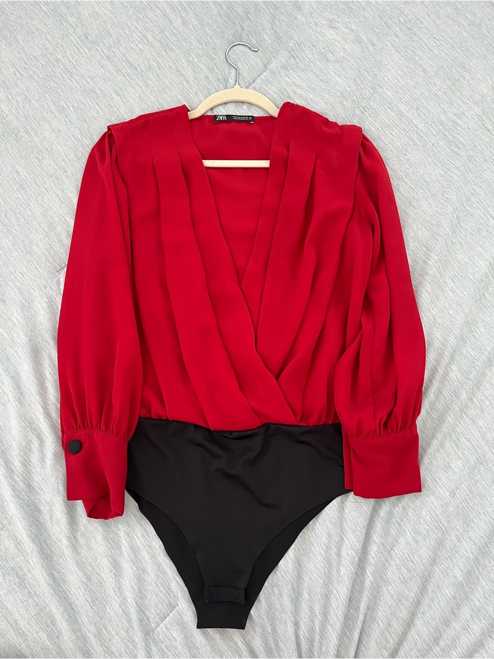 Zara Red Wrap-Front Long-Sleeve Bodysuit with Black Bottom